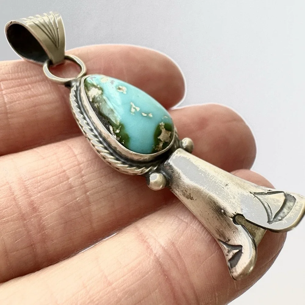 Squash Blossom Pendant Sonoran Gold Turquoise 2in‎ Sterling McCarthy Native Amer